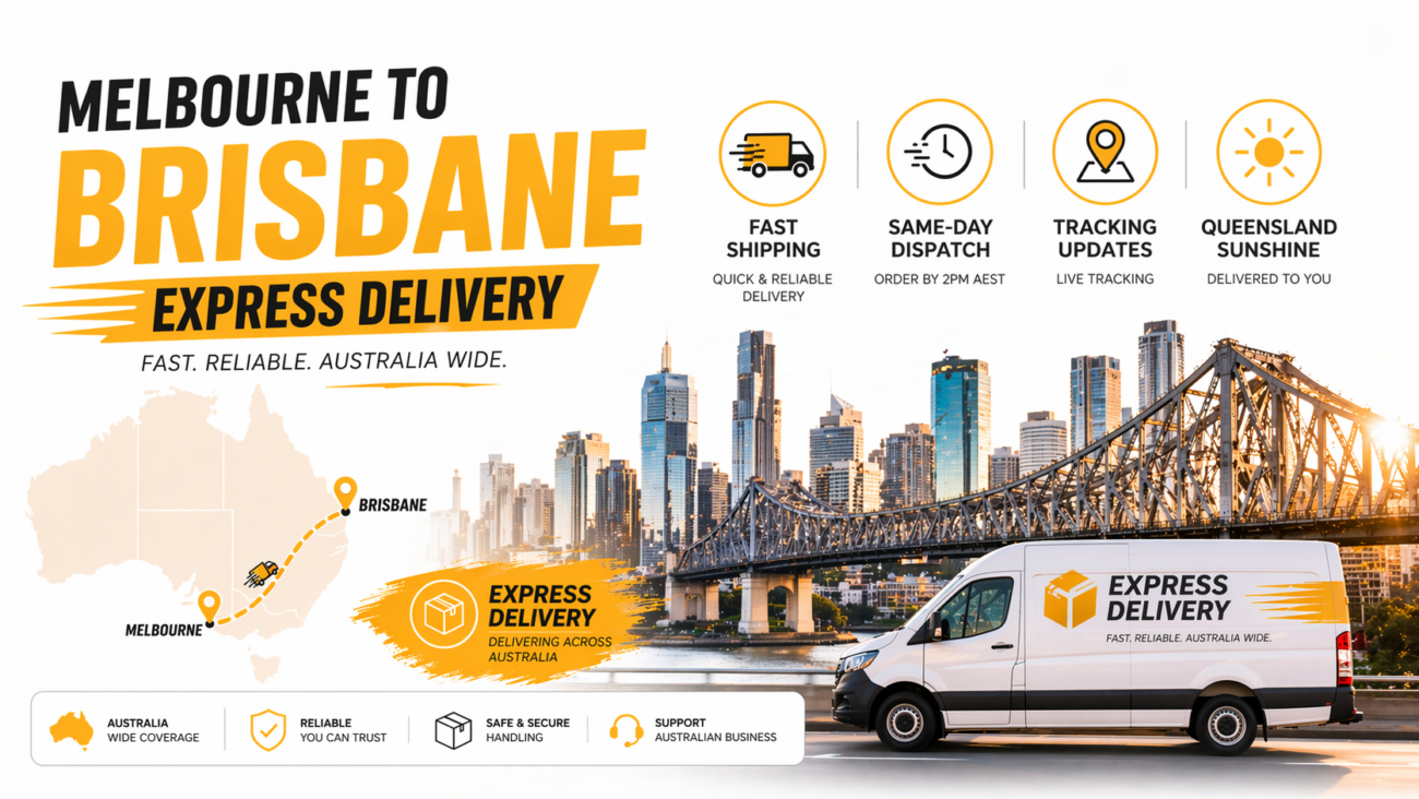Banner showing Brisbane vape delivery express shipping from Melbourne with map route and delivery icons for fast Brisbane vape delivery