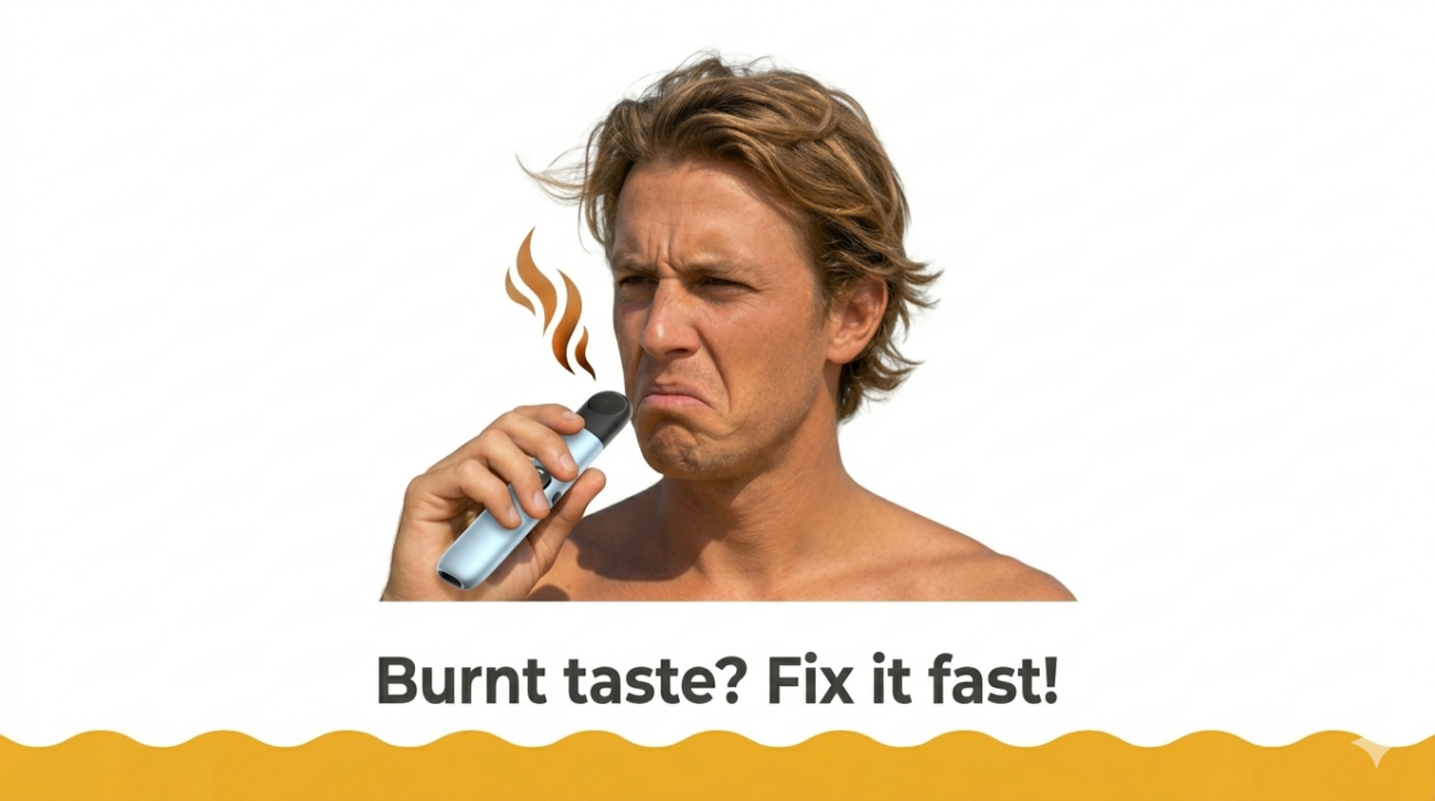 Person making a disgusted face after a burnt vape taste on white and yellow background burnt vape taste