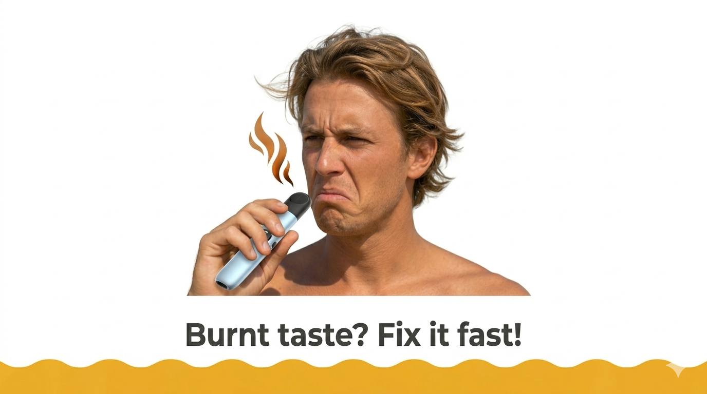 Person making a disgusted face after a burnt vape taste on white and yellow background burnt vape taste