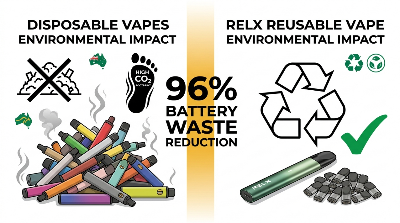 Banner comparing disposable vs reusable vapes environmental impact showing 26 disposables vs one reusable device with 96% battery waste reduction