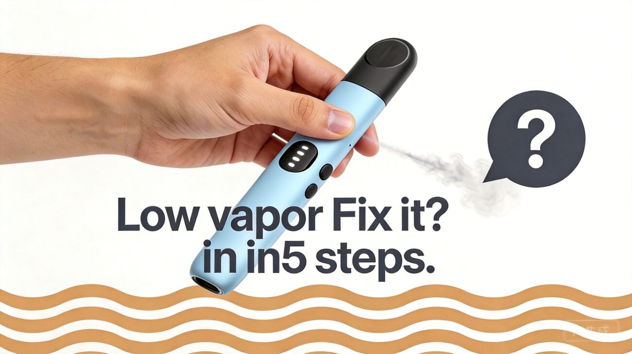 Thin wispy vapor cloud from a vape on white and yellow background showing low vapor problem