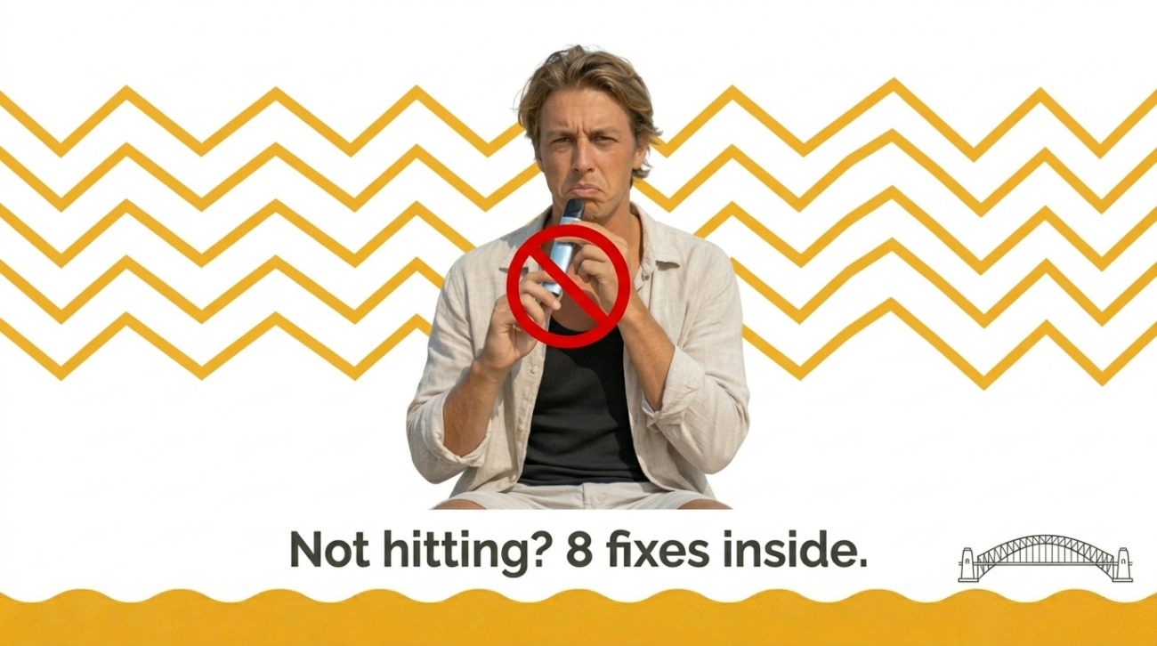 Frustrated person looking at vape device not producing any vapor on white and yellow background