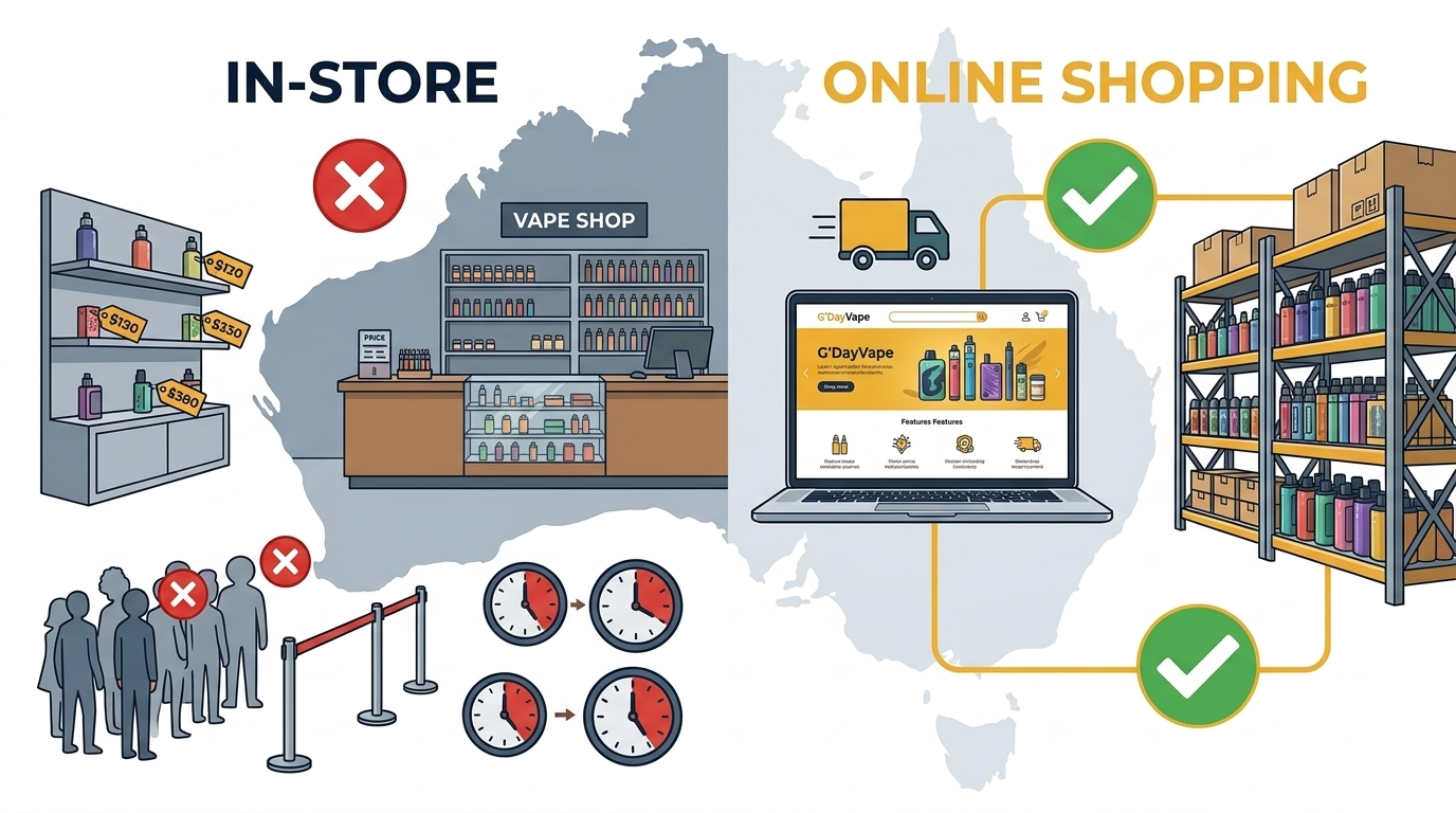 Banner comparing online vs in-store vape shopping Australia showing physical store disadvantages versus online benefits for online vs in-store vape shopping Australia guide
