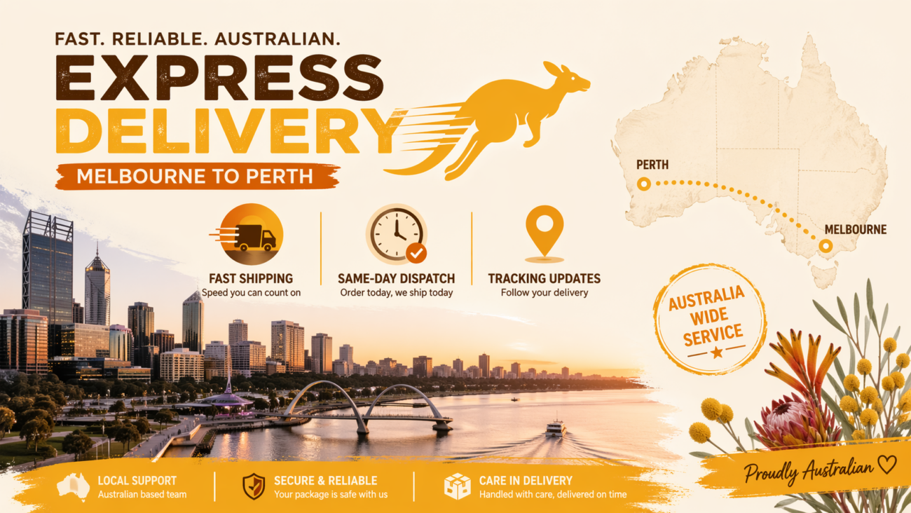 Banner showing Perth vape delivery express shipping from Melbourne with map route and delivery icons for fast Perth vape delivery