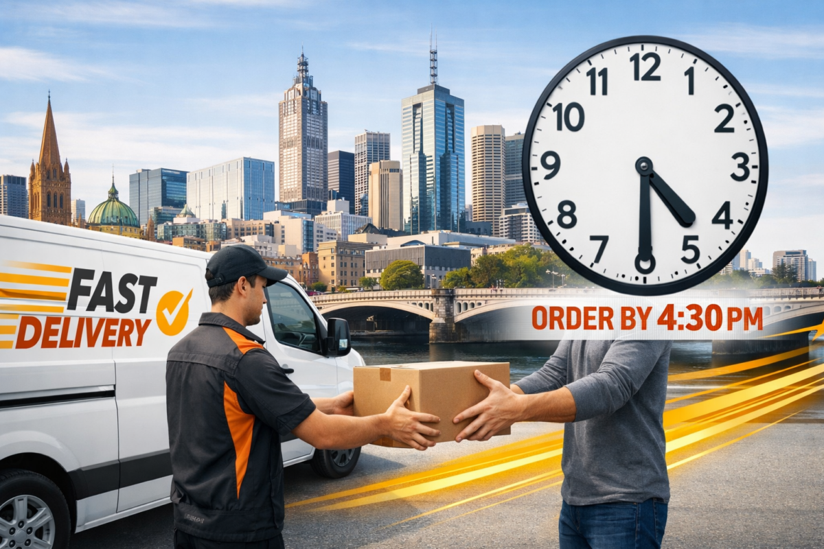 Banner showing same day vape delivery Melbourne service with delivery van and 4:30pm cutoff for same day vape delivery Melbourne