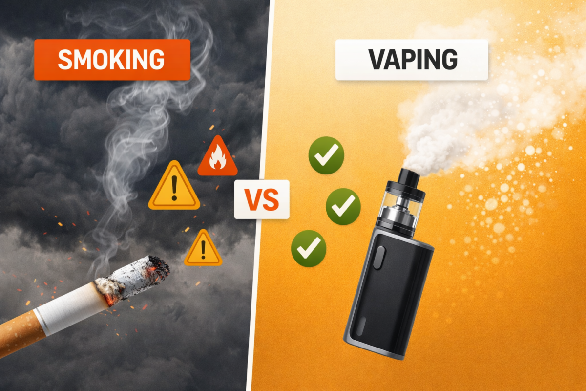 Banner showing smoking vs vaping harm reduction comparison: combustion and toxic smoke vs aerosol and reduced toxicants