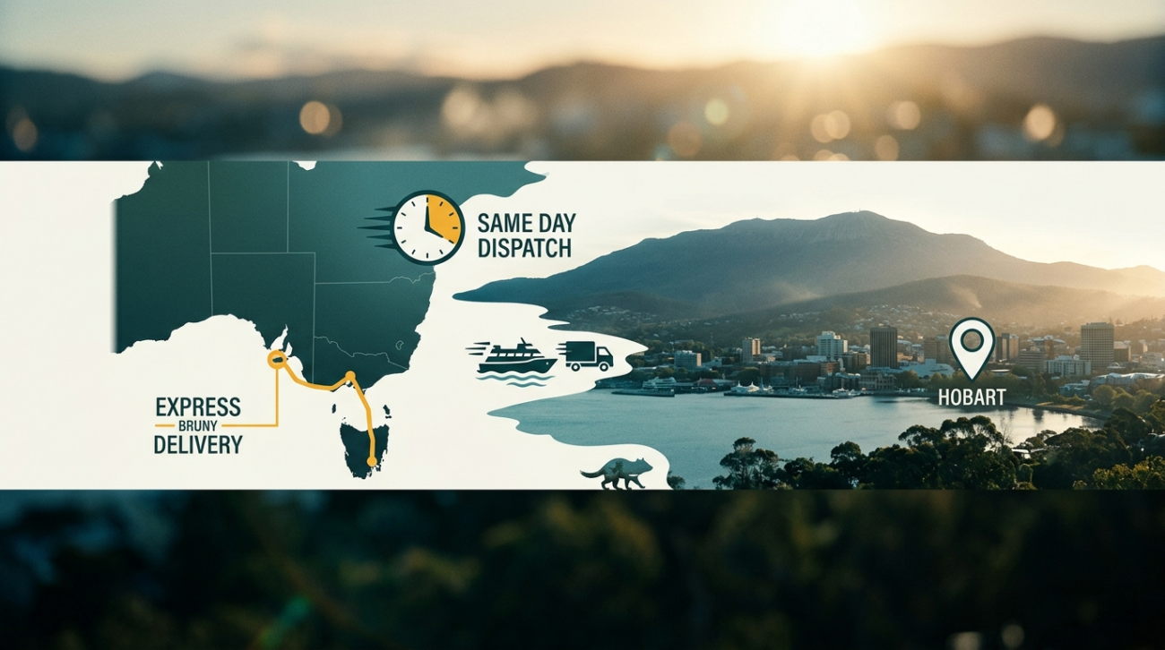Banner showing Tasmania vape delivery express shipping from Melbourne with Bass Strait route and delivery icons for fast Tasmania vape delivery