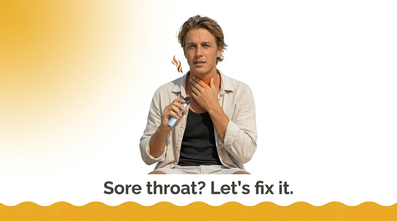 Person holding their throat in discomfort after a harsh vape on white and yellow background