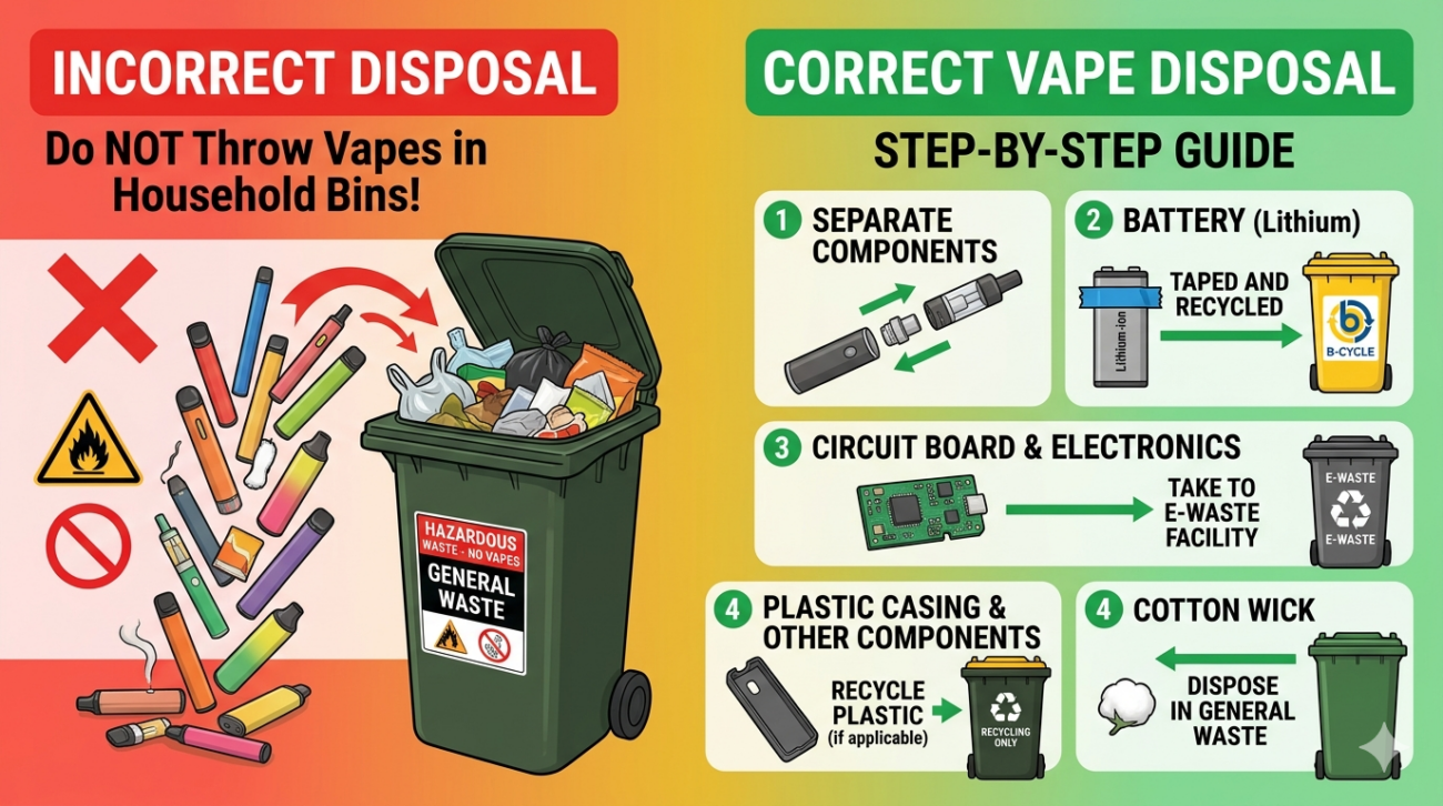 Banner showing vape disposal Australia correct vs incorrect methods with separated components for proper recycling