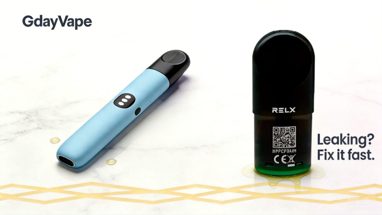 Vape device leaking e-liquid onto a white surface with yellow accent background