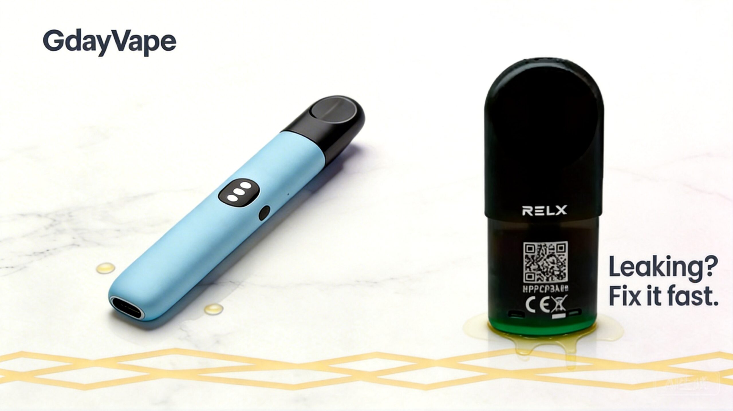 Vape device leaking e-liquid onto a white surface with yellow accent background