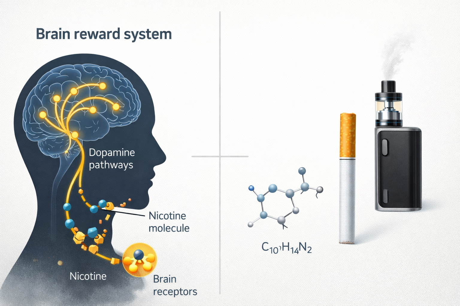 Banner showing why nicotine is addictive brain science with dopamine pathways and nicotine molecule for nicotine addiction brain guide