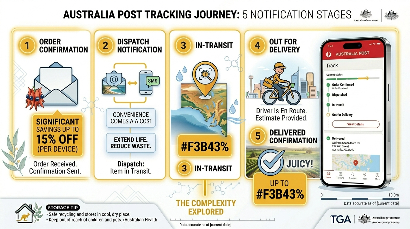Five-step delivery process for Adelaide vape delivery from Melbourne warehouse to customer door with tracking and signature