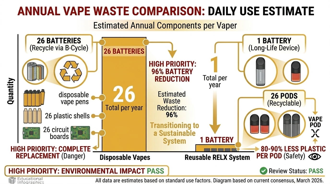 Bar chart comparing annual waste from disposable vs reusable vapes environmental impact showing 96% battery waste reduction