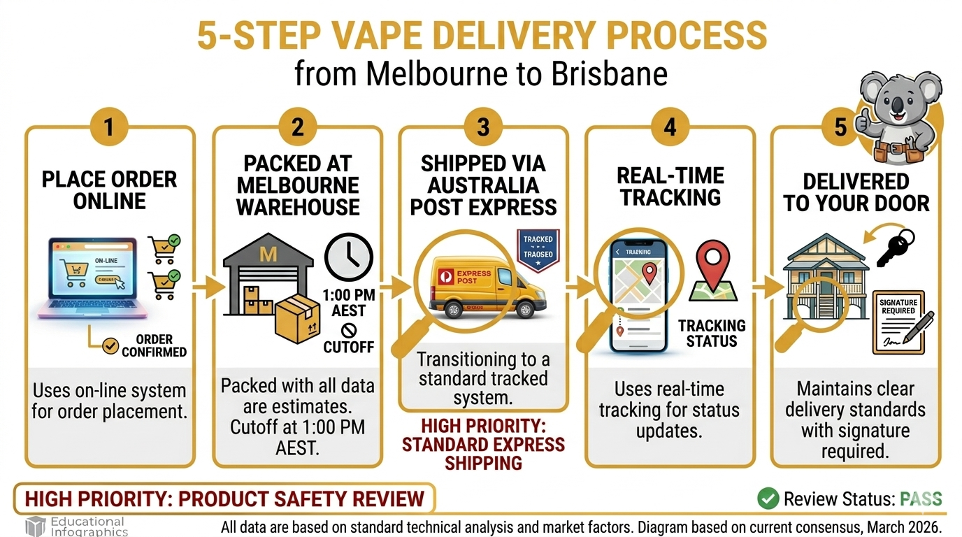 Five-step delivery process for Brisbane vape delivery from Melbourne warehouse to customer door with tracking and signature