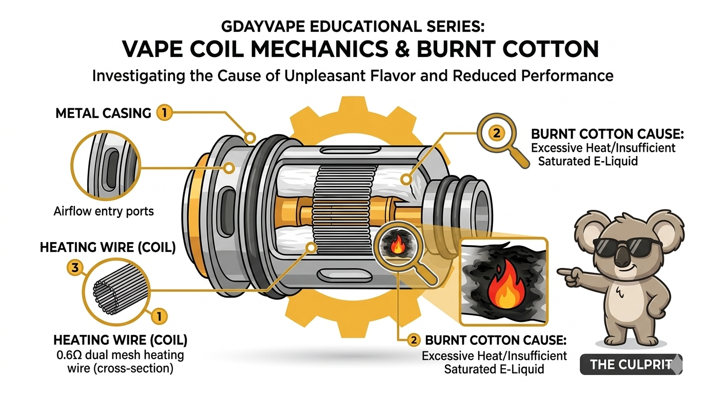Burnt coil cross section showing damage that causes burnt vape taste from dry hits