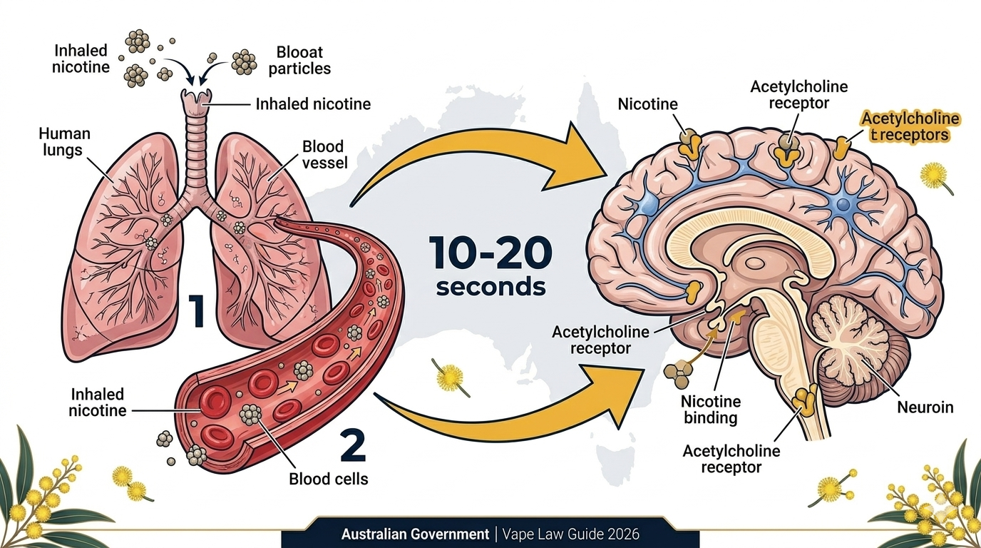Scientific illustration showing how nicotine travels to brain in 10-20 seconds for why nicotine is addictive brain science education
