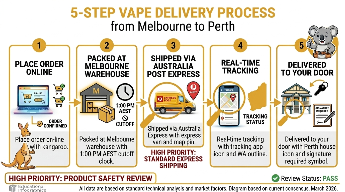 Five-step delivery process for Perth vape delivery from Melbourne warehouse to customer door with tracking and signature