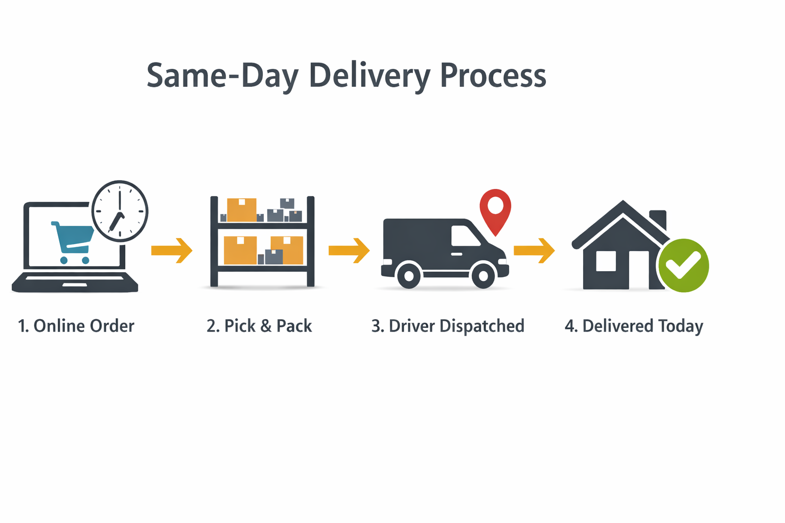 4-step infographic showing same day vape delivery Melbourne process: order by 4:30pm, warehouse pick, driver dispatch, delivered today