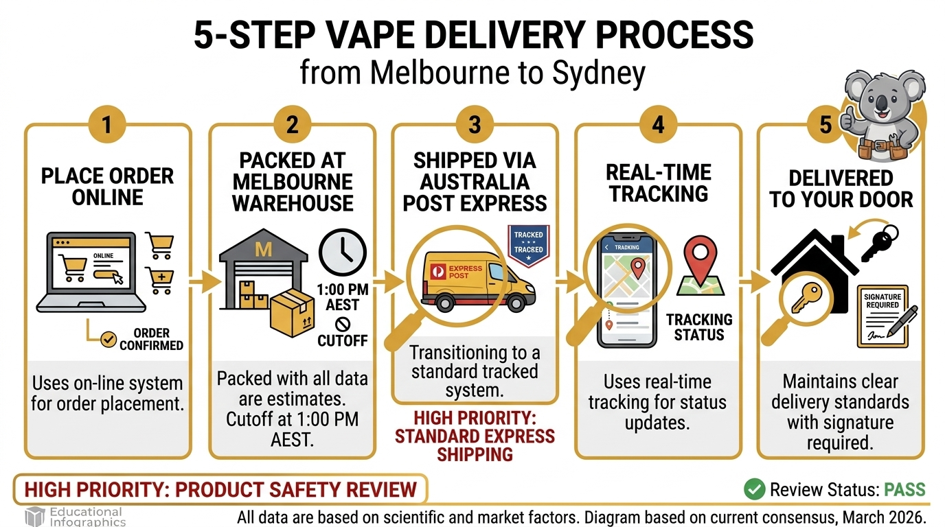 Five-step delivery process for Sydney vape delivery from Melbourne warehouse to customer door with tracking and signature