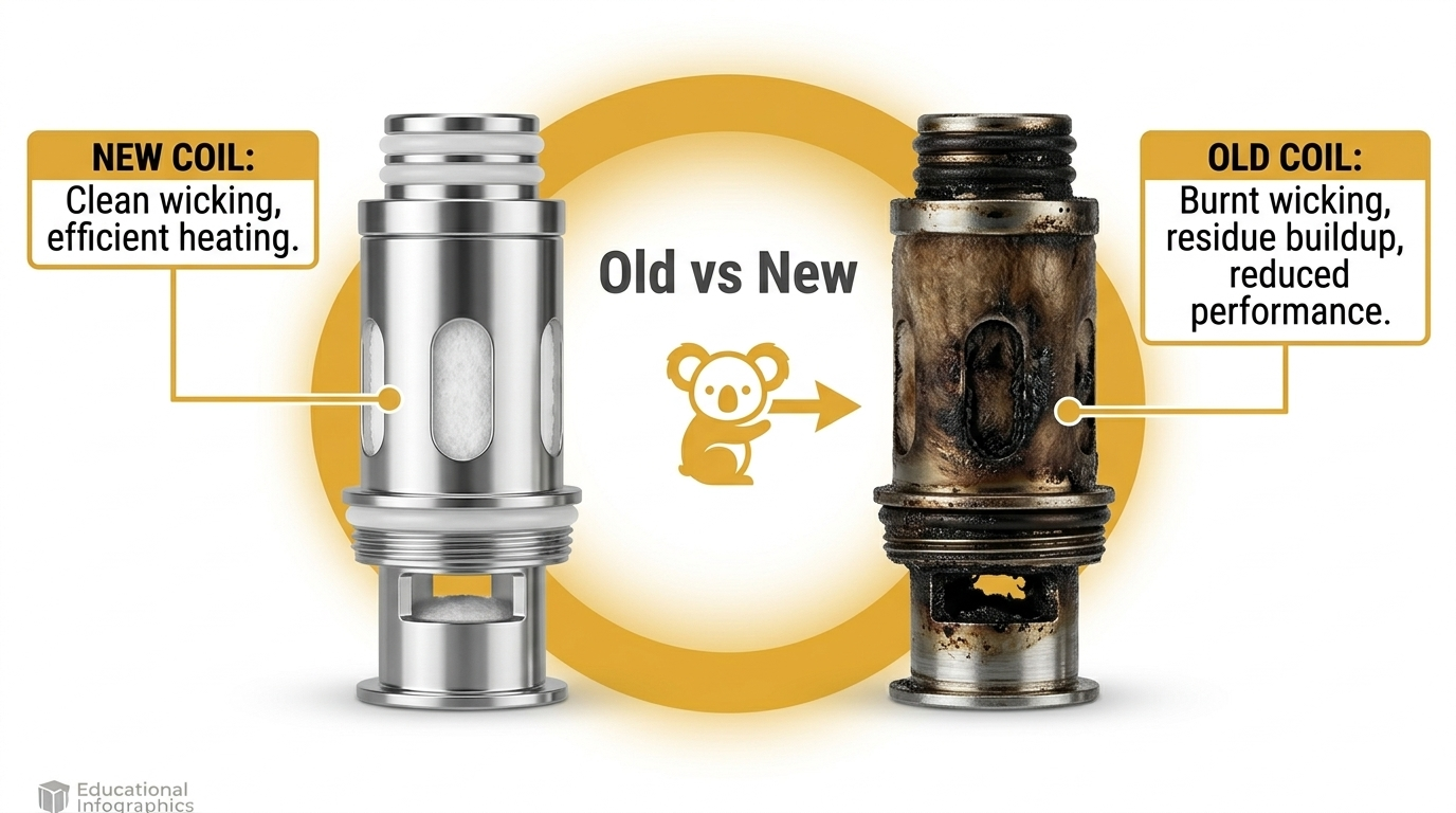 Comparison of new vs worn vape coil showing gunk buildup that can cause vape leaking issues