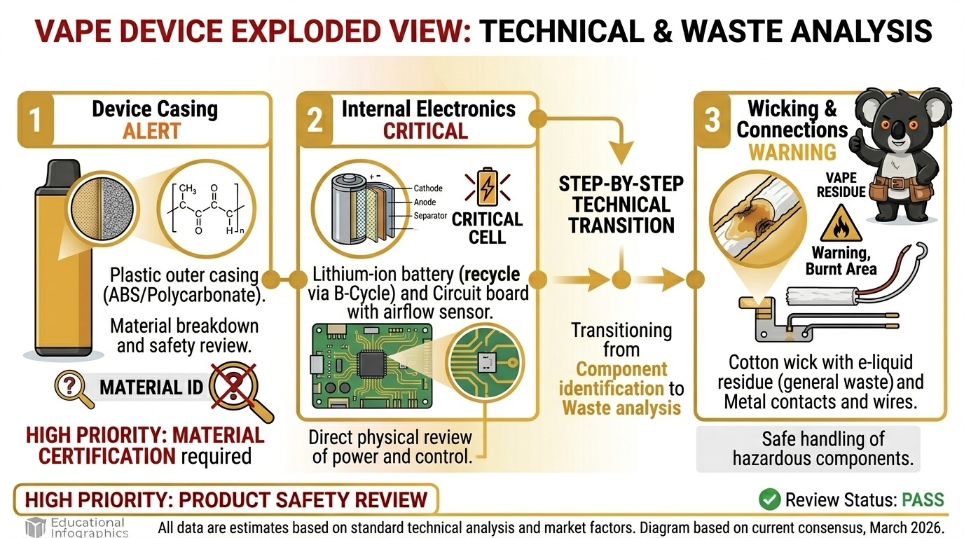 Exploded view diagram of vape components for vape disposal Australia guide showing battery, circuit board, casing, and cotton wick