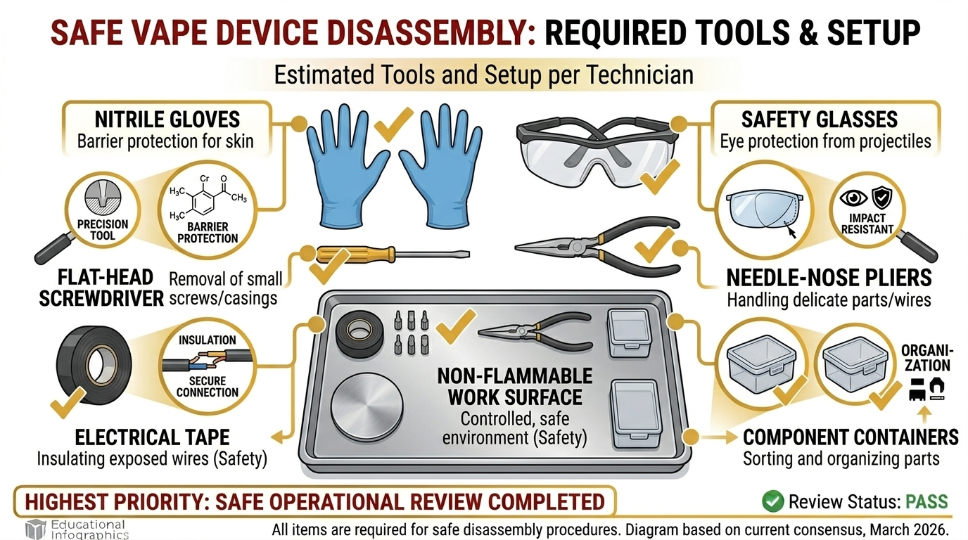 Safety tools and equipment needed for recycle disposable vapes Australia including gloves, pliers, screwdriver, and electrical tape