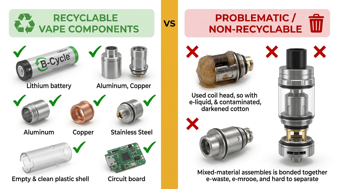 Recyclable vs problematic vape components for are vapes recyclable Australia showing what can and cannot be recycled