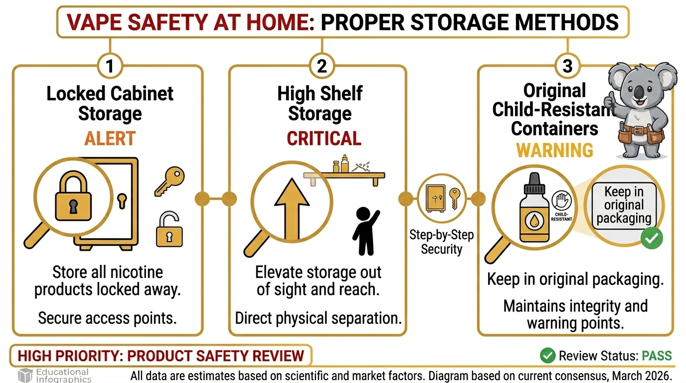 Three storage methods for vape safety at home: lock away products, elevate on high shelf, keep in original child-resistant containers