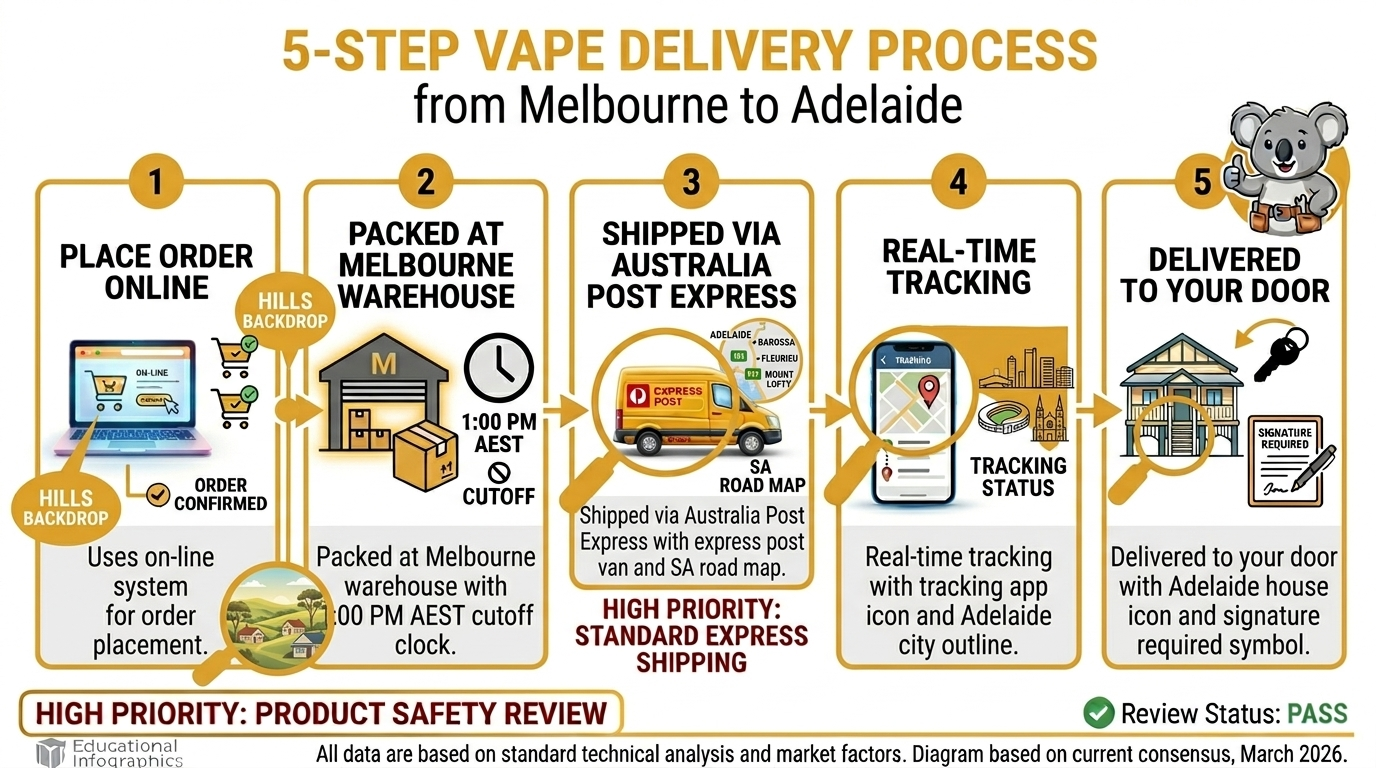Delivery time comparison for Adelaide vape delivery showing metro 2-3 days, regional SA 3-5 days, and remote areas 5-7 days