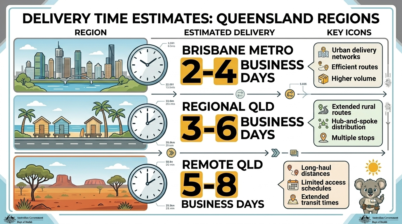 Delivery time comparison for Brisbane vape delivery showing metro 2-4 days, regional QLD 3-6 days, and remote areas 5-8 days