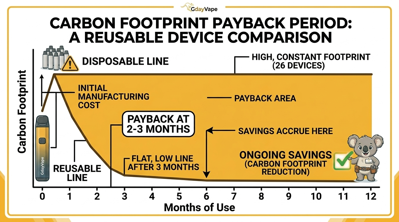 Carbon payback graph showing disposable vs reusable vapes environmental impact with reusable device paying back carbon debt within 2-3 months