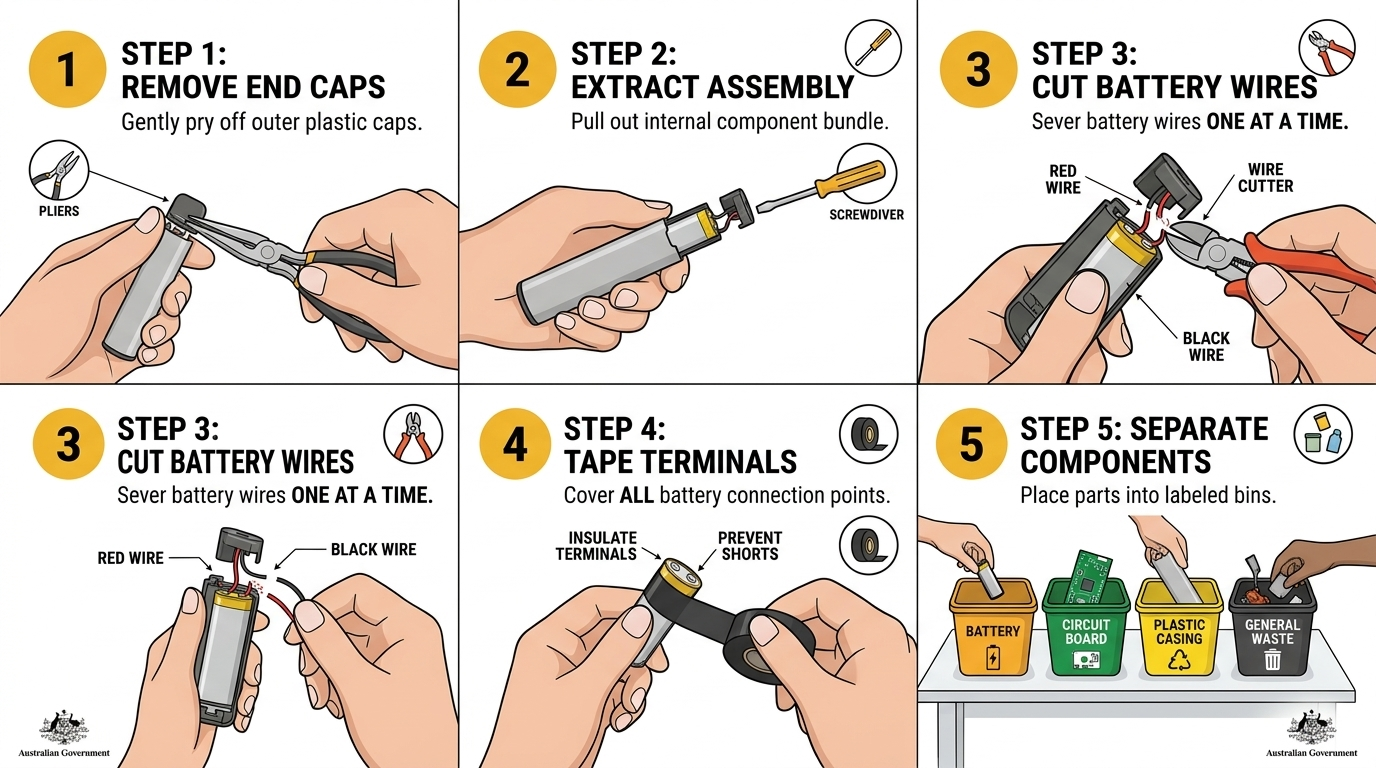 Five-step disassembly guide for recycle disposable vapes Australia showing safe battery removal and component separation