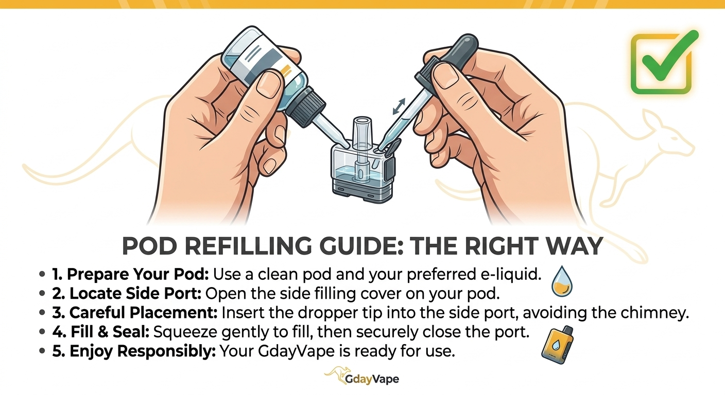 Proper vape pod filling technique to prevent vape leaking by avoiding the central airway