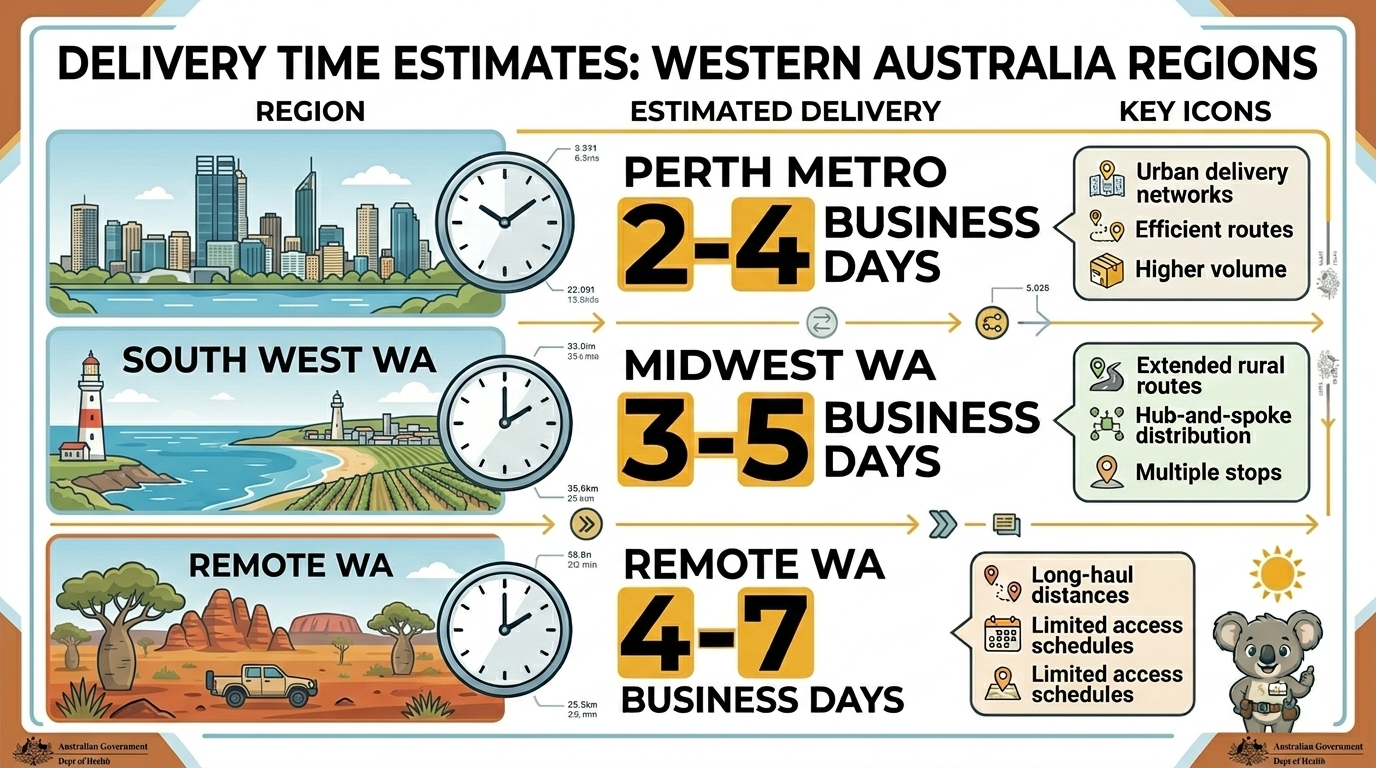 Delivery time comparison for Perth vape delivery showing metro 2-4 days, South West 2-4 days, Midwest 3-5 days, and remote WA 4-7 days