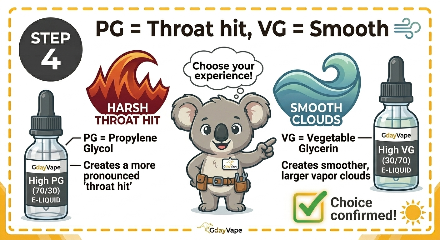 PG VG ratio chart showing how high PG causes vape hurt my throat and high VG provides smoother hits