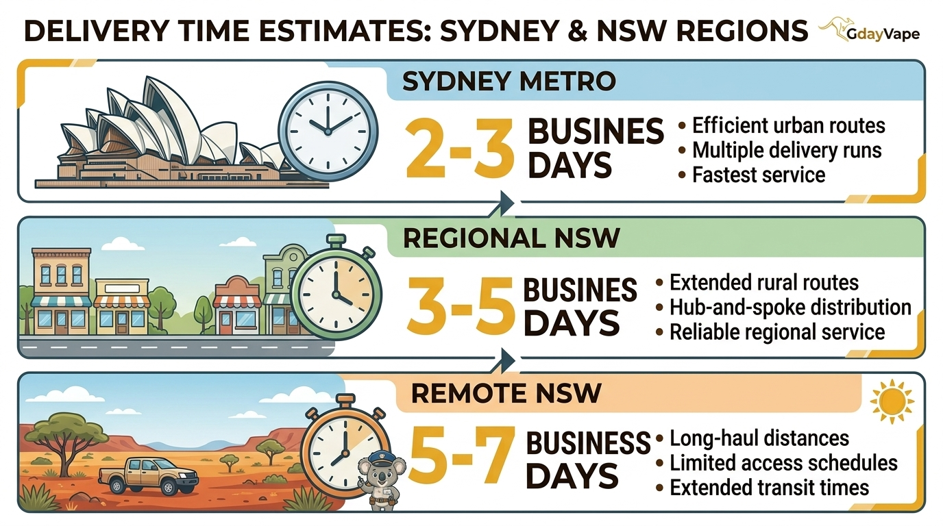 Delivery time comparison for Sydney vape delivery showing metro 2-3 days, regional NSW 3-5 days, and remote areas 5-7 days