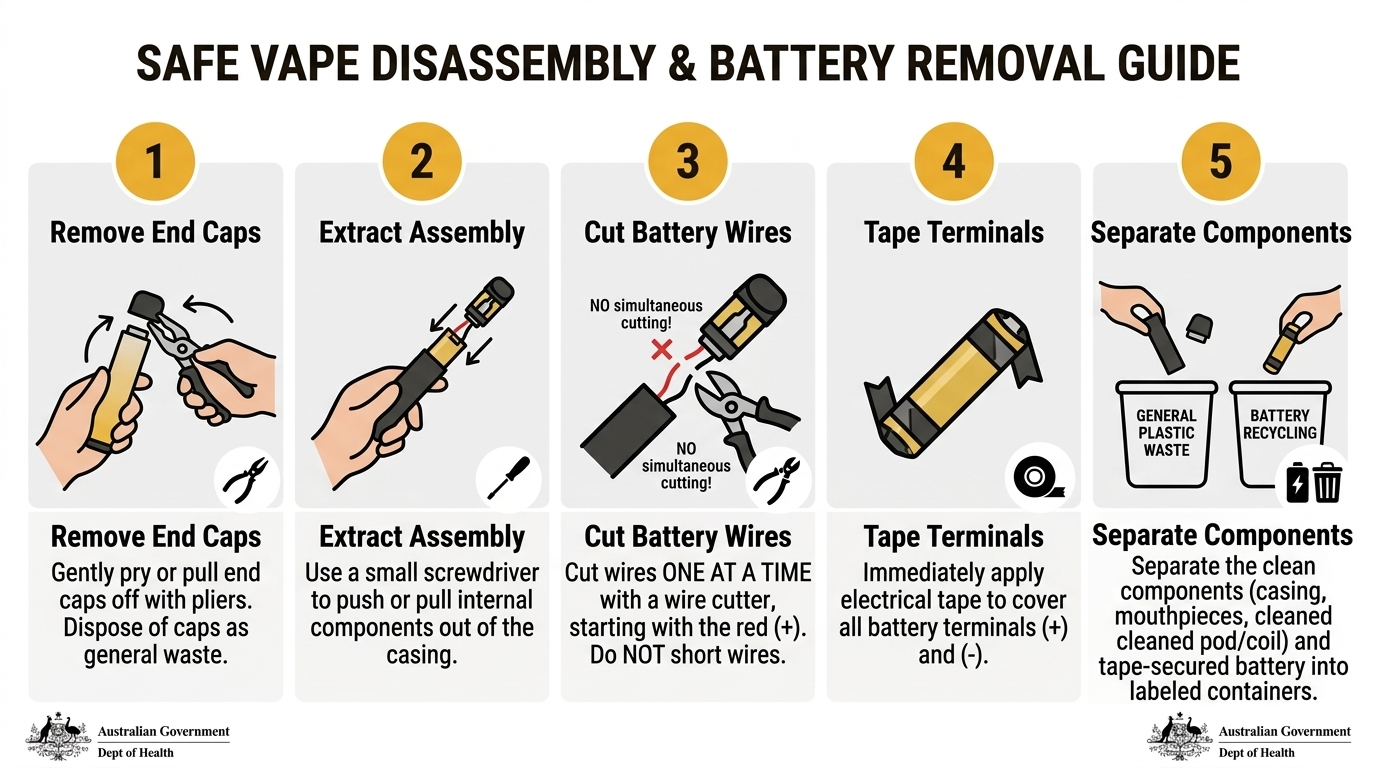 Step-by-step vape disassembly guide for vape disposal Australia showing safe battery removal and component separation