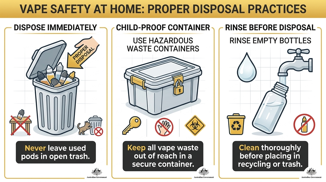 Three disposal practices for vape safety at home: dispose immediately, use child-proof containers, rinse empty bottles before disposal