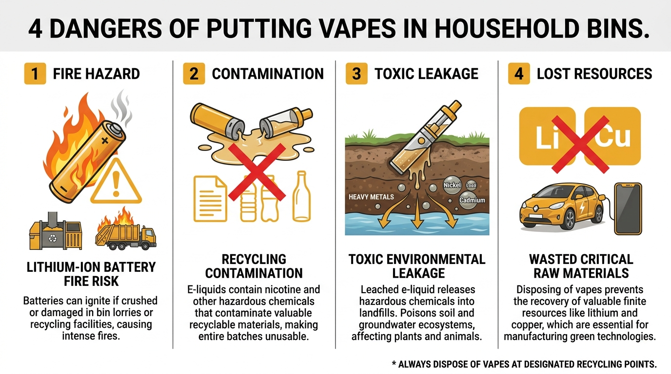 Four dangers of putting vapes in household bins for are vapes recyclable Australia: fire hazard, contamination, toxic leakage, lost resources