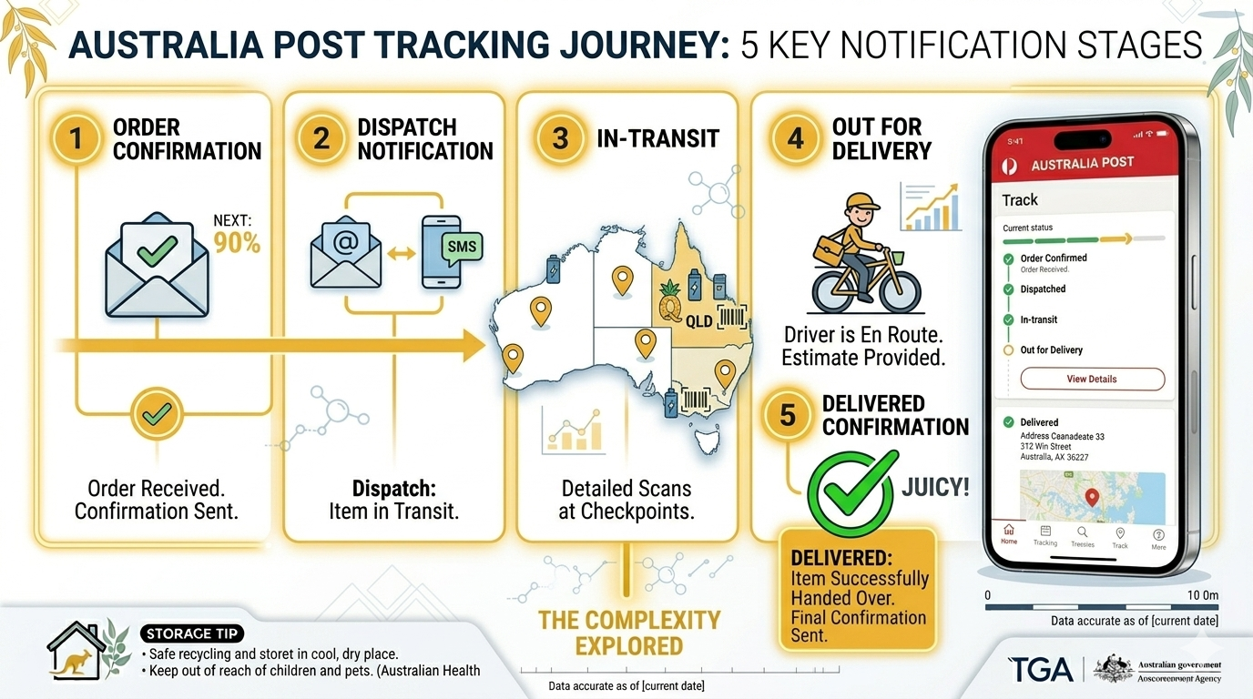 Real-time tracking stages for Brisbane vape delivery from order confirmation to delivered notification via Australia Post