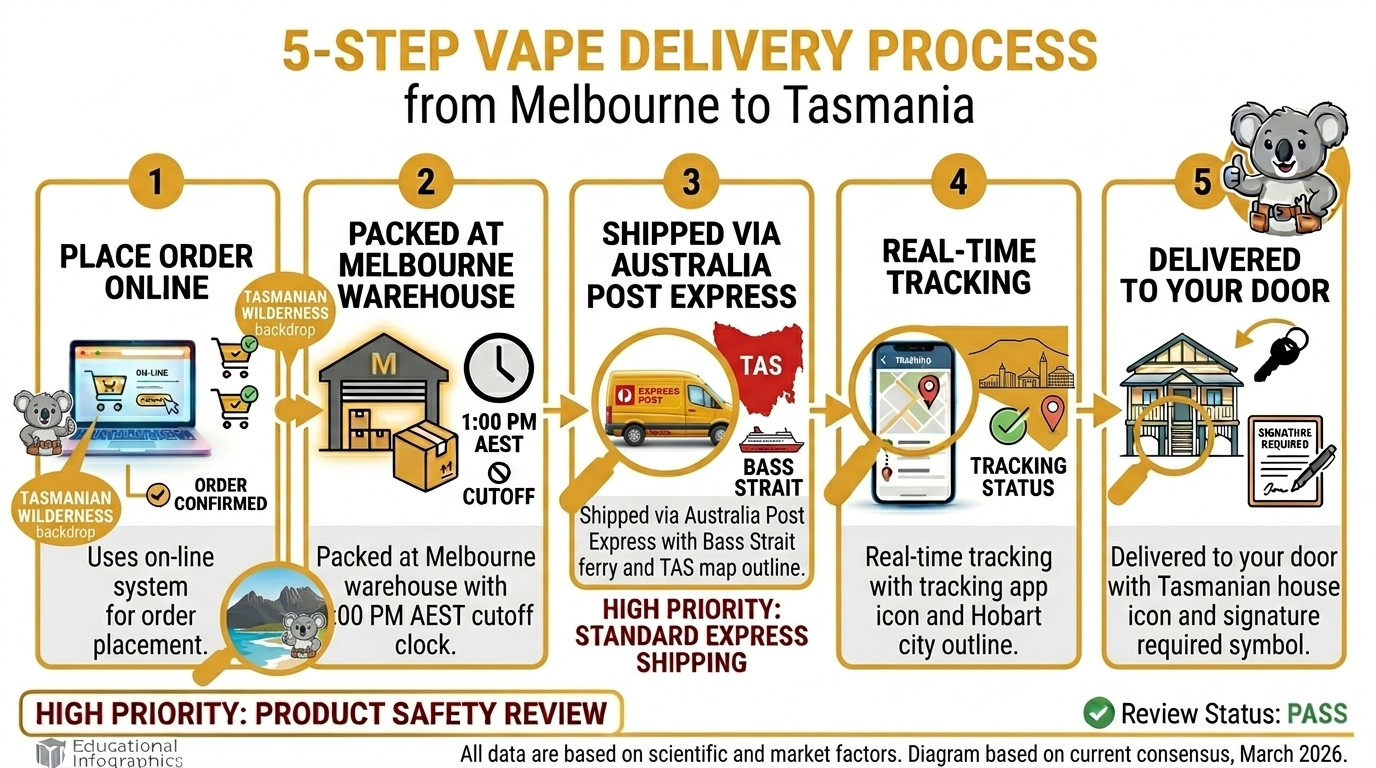 Real-time tracking stages for Tasmania vape delivery from order confirmation to delivered notification via Australia Post