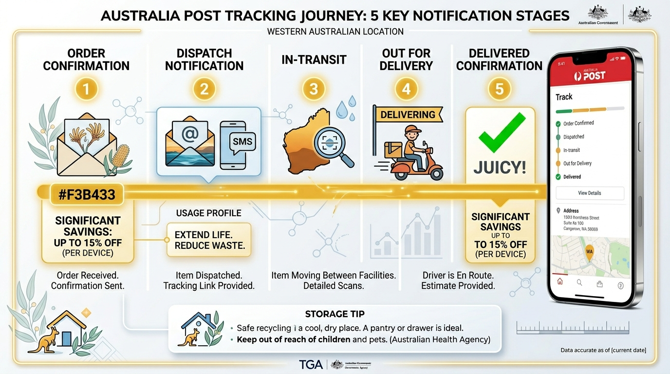 Real-time tracking stages for Perth vape delivery from order confirmation to delivered notification via Australia Post
