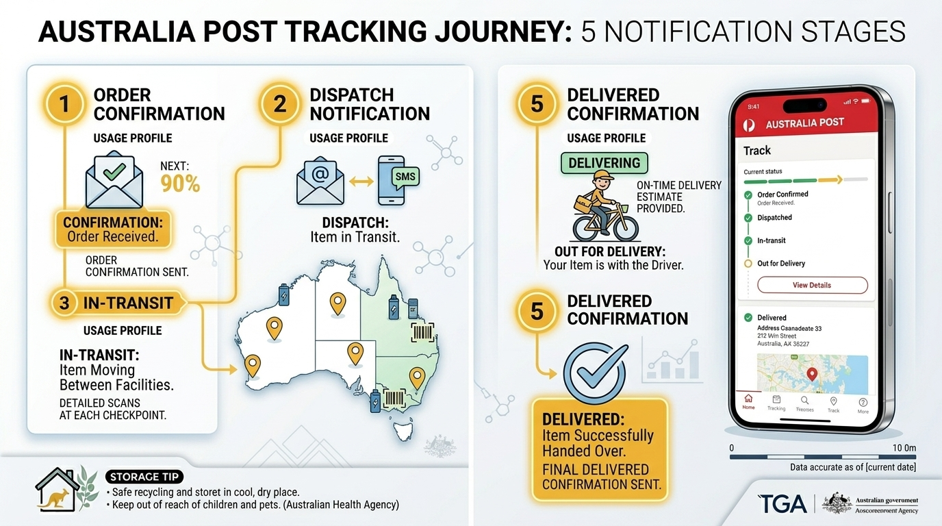 Real-time tracking stages for Sydney vape delivery from order confirmation to delivered notification via Australia Post
