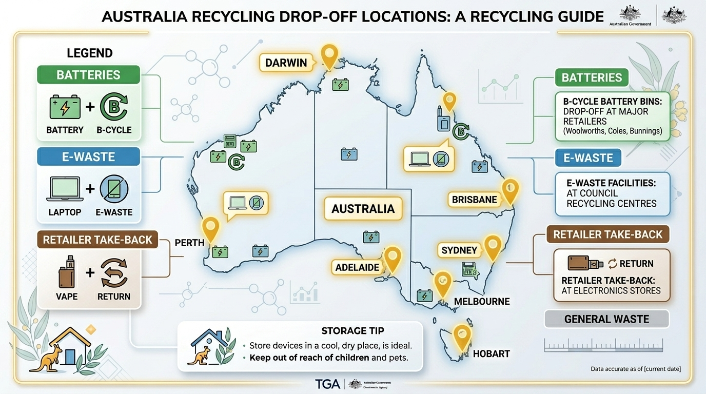 Australia map showing recycling locations for recycle disposable vapes Australia including B-Cycle bins and e-waste facilities