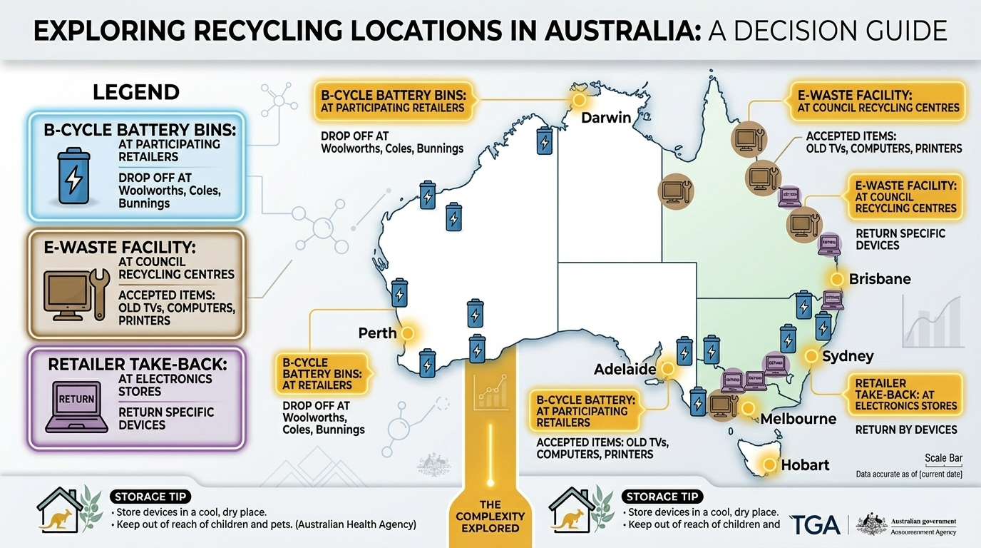 Australia map showing vape disposal Australia recycling locations including B-Cycle battery bins and e-waste facilities