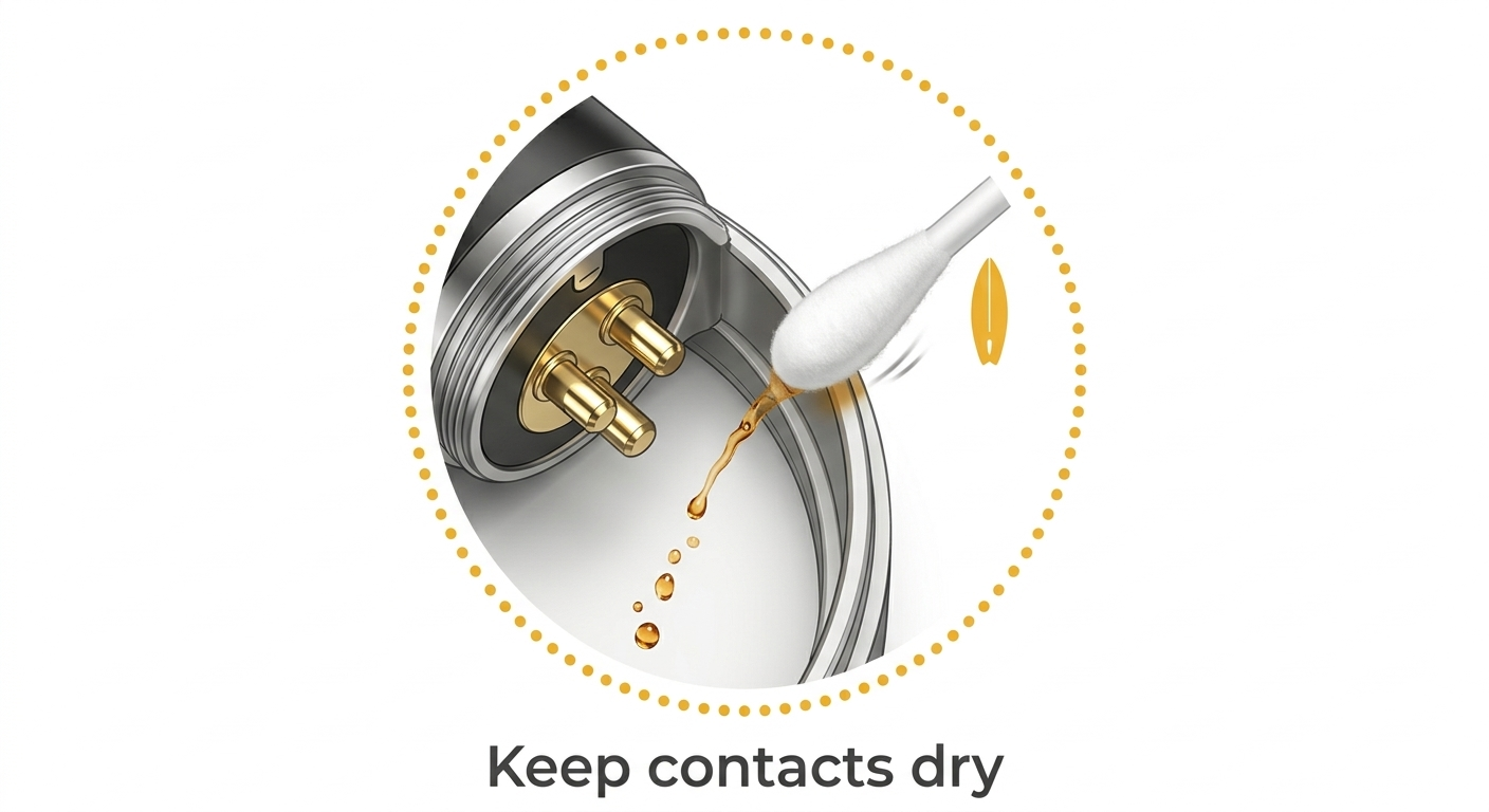 Cleaning vape device contacts with cotton swab as part of regular maintenance to prevent vape leaking