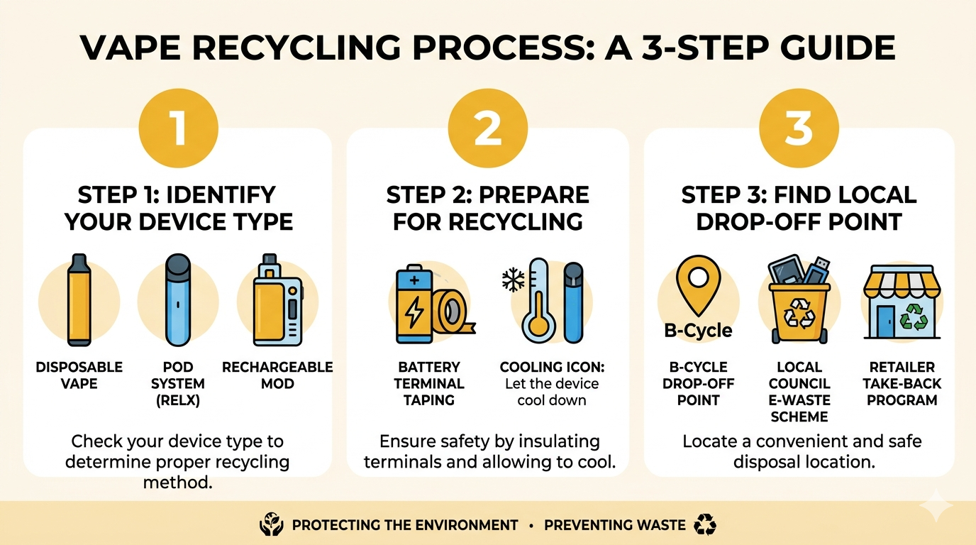 Three-step vape recycling process for are vapes recyclable Australia: identify device type, prepare components, find local drop-off point