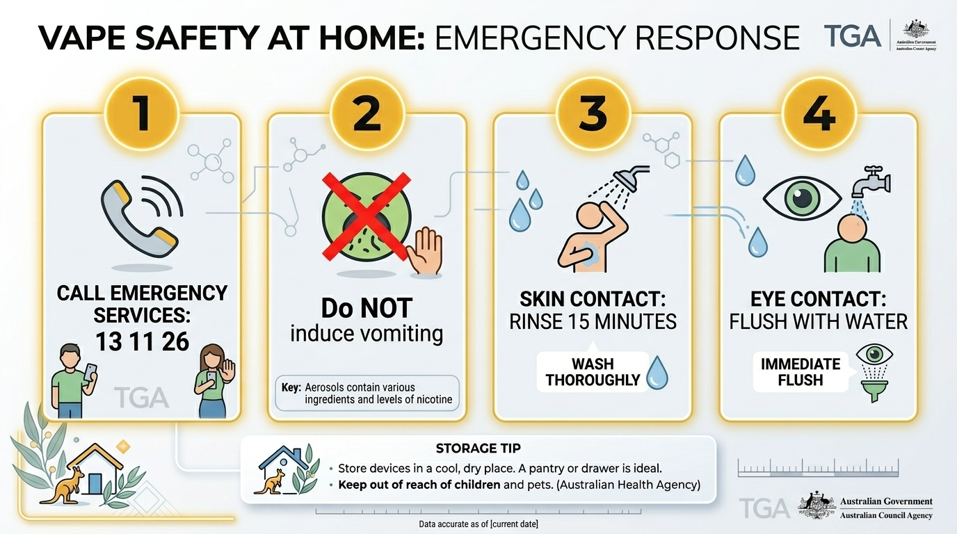 Emergency response steps for vape safety at home: call Poisons Information, do not induce vomiting, rinse skin and eyes