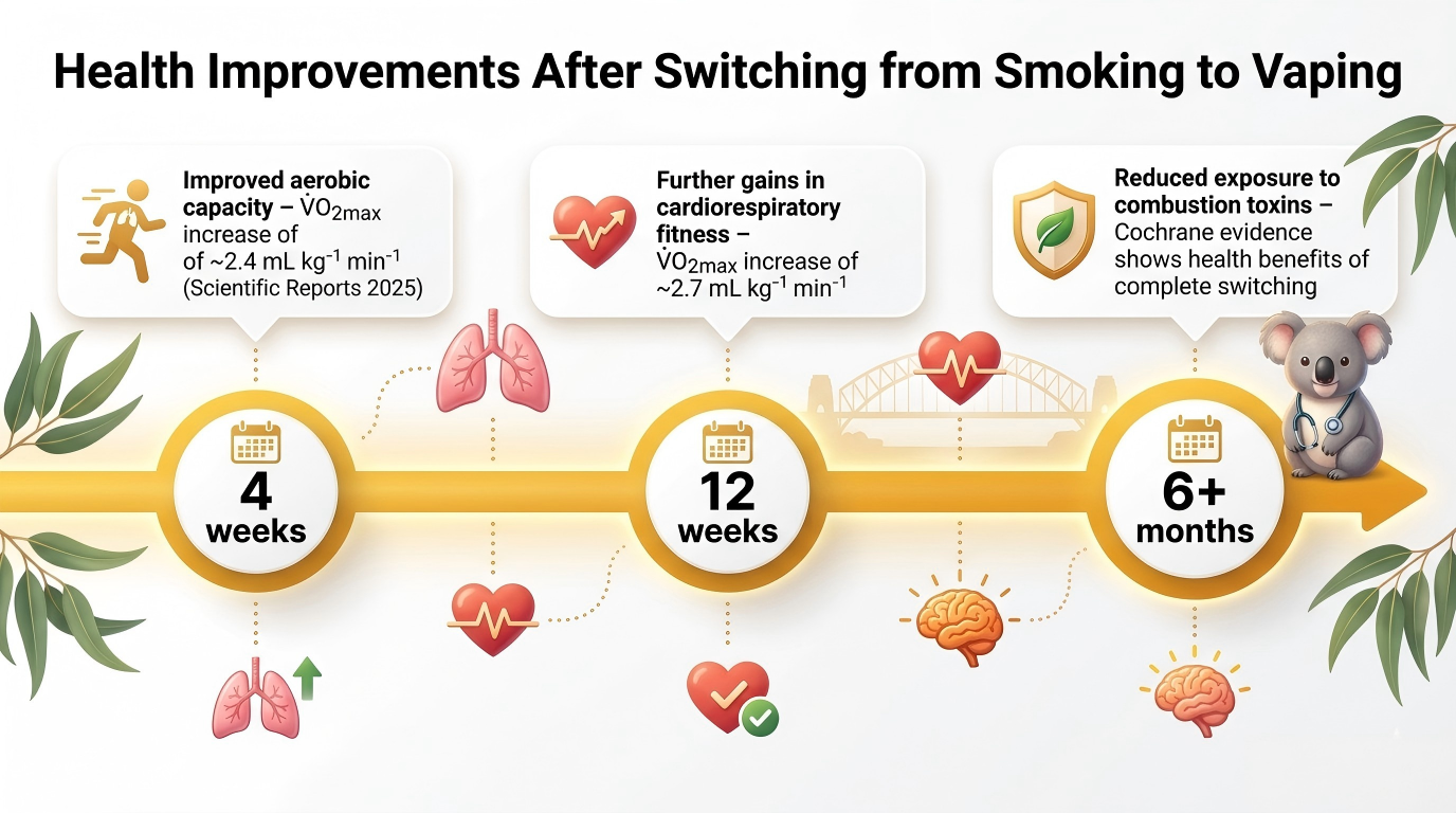Timeline showing health improvements after switching from smoking to vaping: 4 weeks (improved aerobic capacity, V̇O2max increase), 12 weeks (further gains in cardiorespiratory fitness), 6+ months (reduced exposure to combustion toxins). Based on Scientific Reports 2025 study and Cochrane evidence.